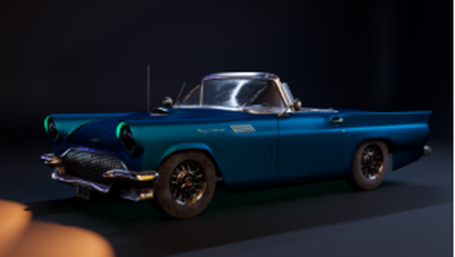 Beauty render of the teal Thunderbird in three-quarter front view