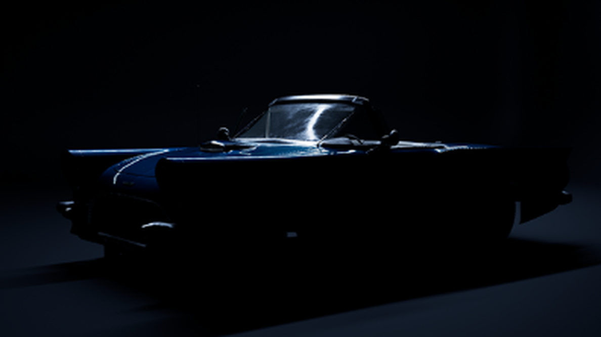 Reflection dominant pass of the Thunderbird against a dark backdrop