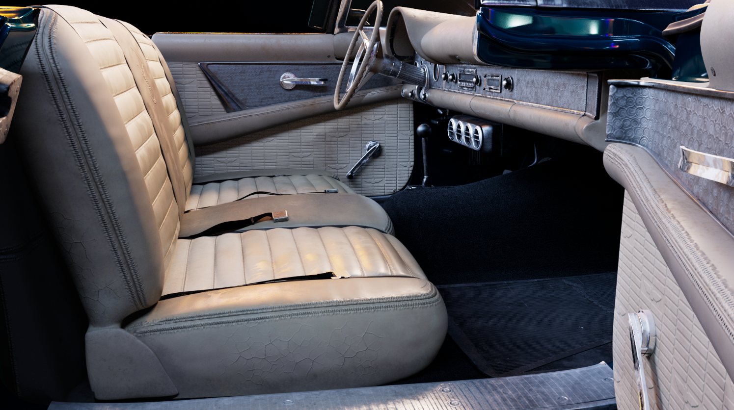 Interior render of the cream leather bench seat with visible wear and cracking