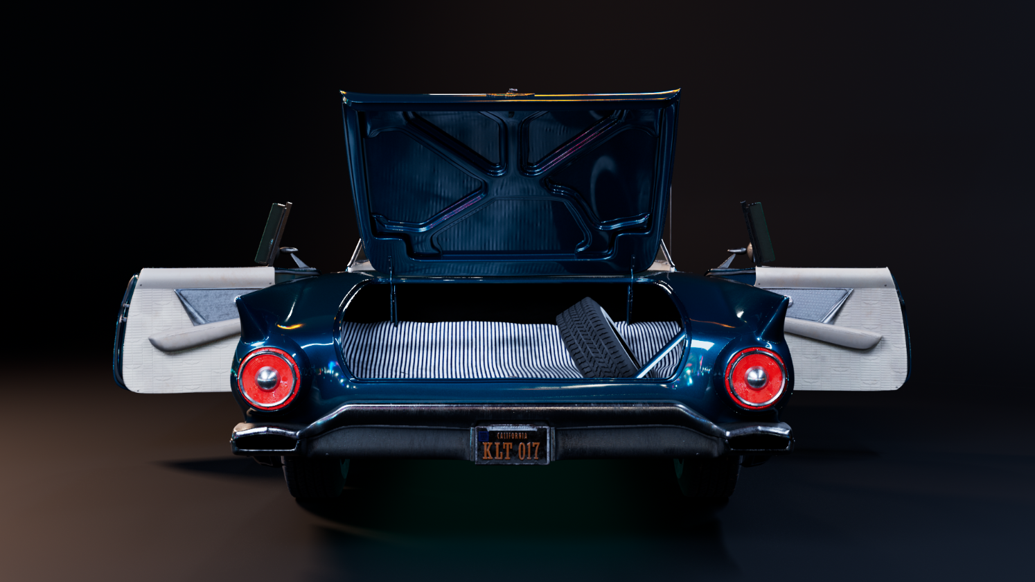 Rear view of the Thunderbird with trunk open showing the spare tire