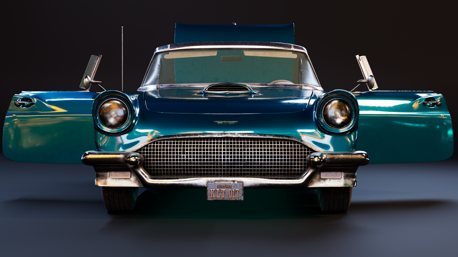 Head-on front view of the Thunderbird with both doors open