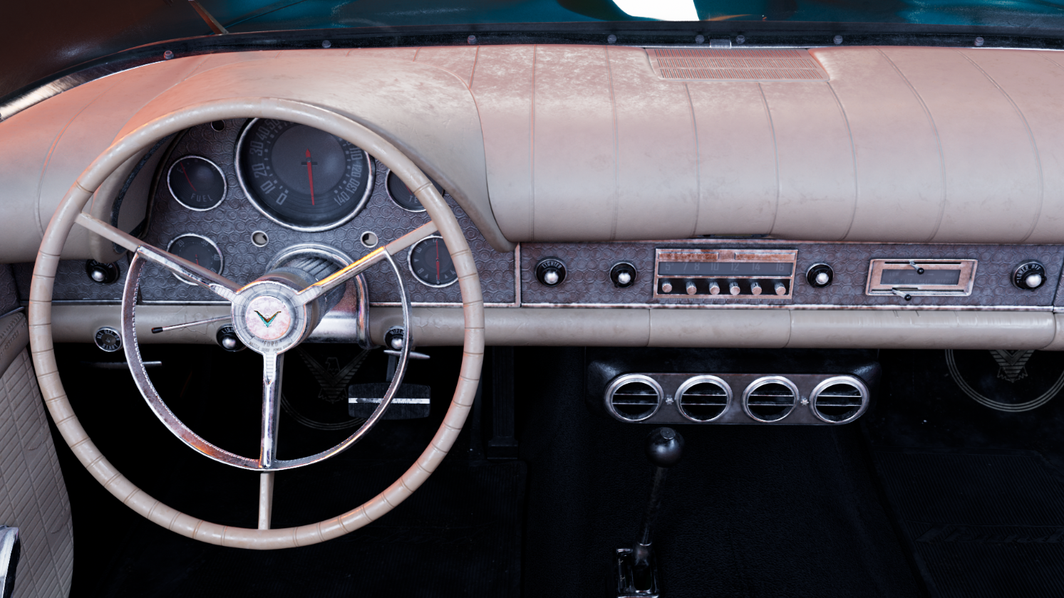 Dashboard render showing the gauge cluster, radio, and steering wheel